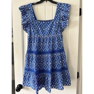 New Lilly Pulitzer Morrie Ruffle Sleeve Eyelet Dress Blue Flutter Tiered Sz 10